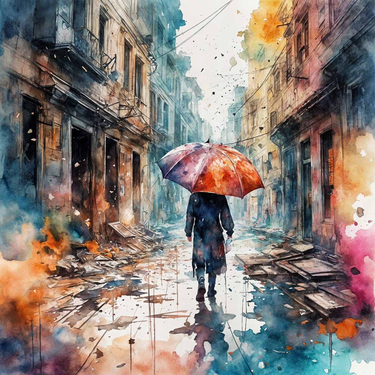 Anime Style Figure in Shattered World, Expressive Ink and Pa...