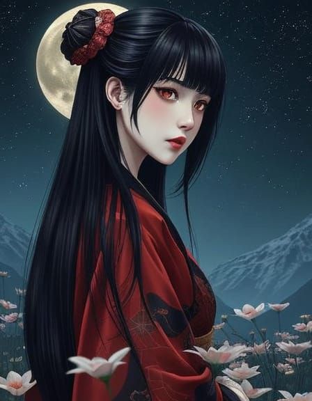 Japanese Woman in Kimono with Spider Lilies