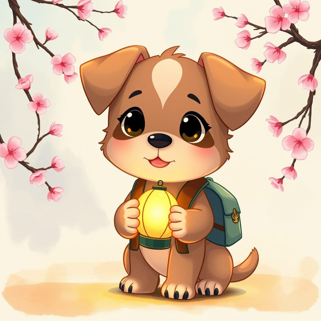 Anime Puppy Illuminates Whimsical Cherry Blossom Landscape