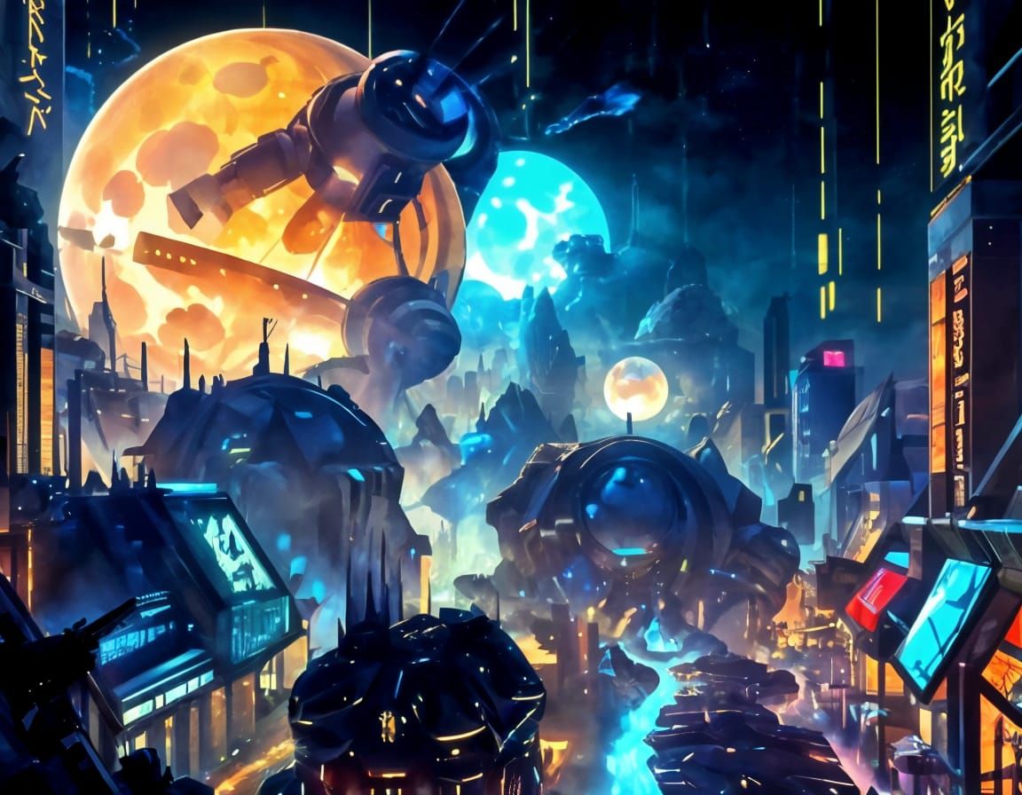 Cyberpunk Cityscape on Titania, Uranus Moon, in Vibrant Holo...