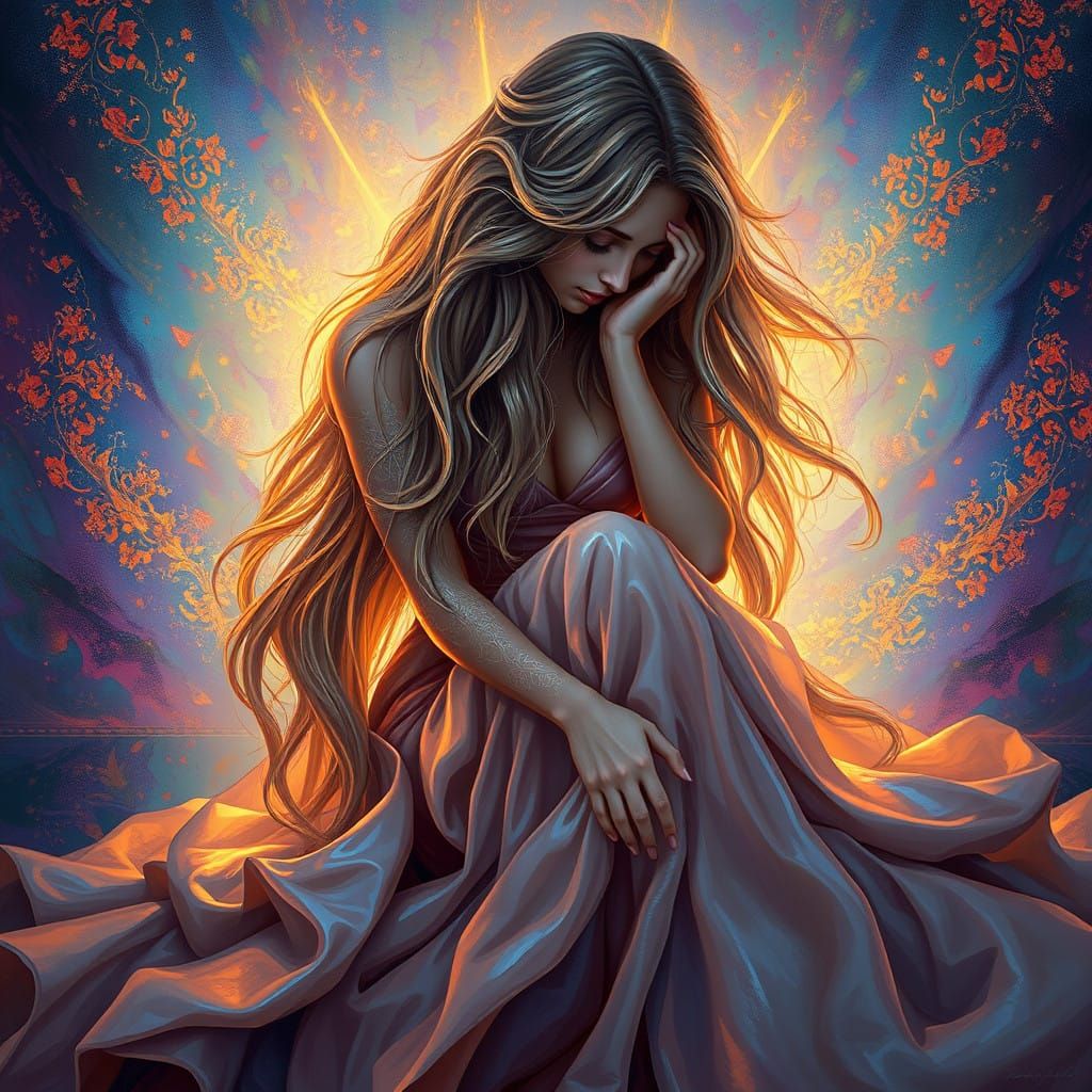 Ethereal Woman in Vibrant, Dreamlike Weeping Pose
