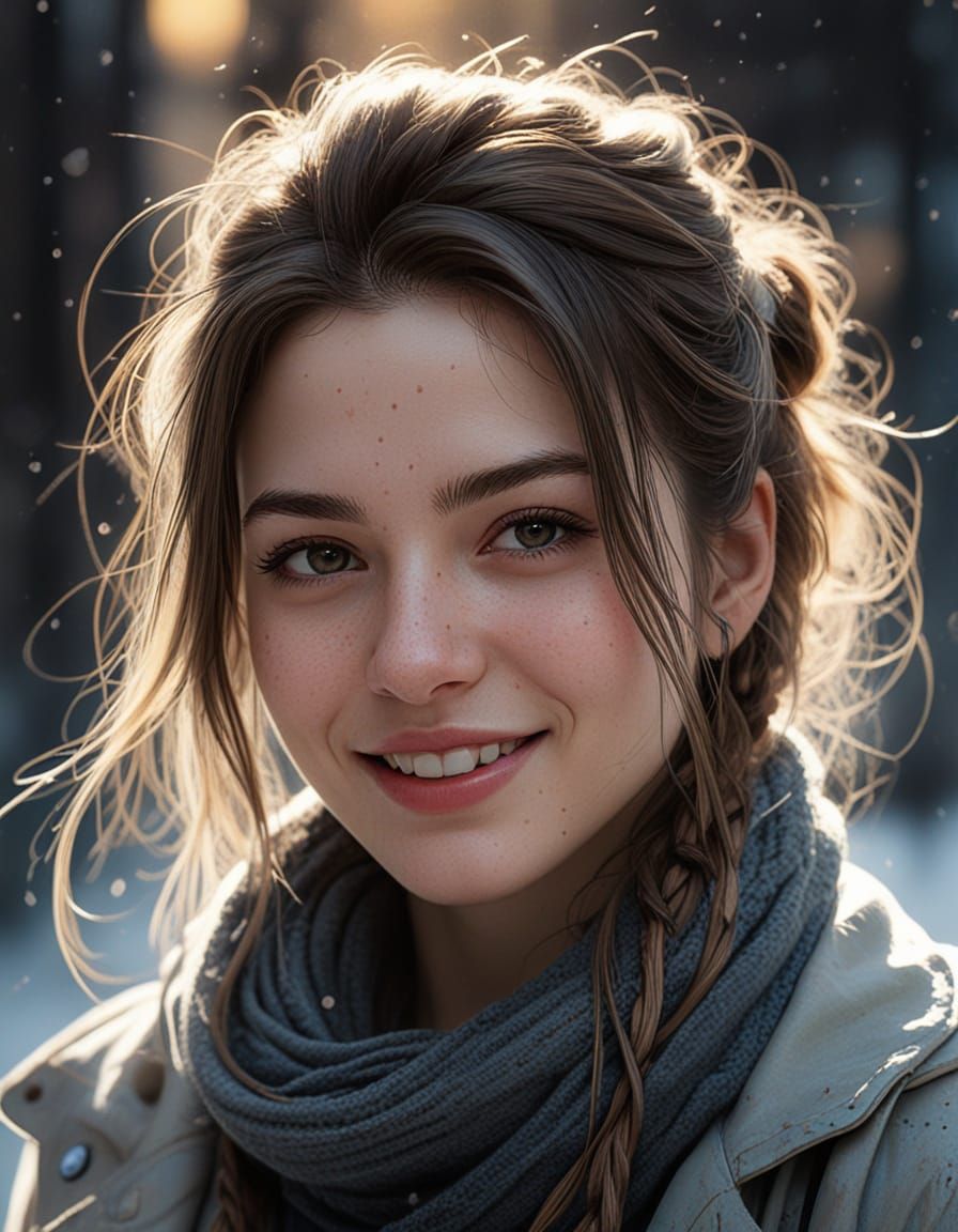 Smiling Girl in Winter Wonderland Charcoal Drawing