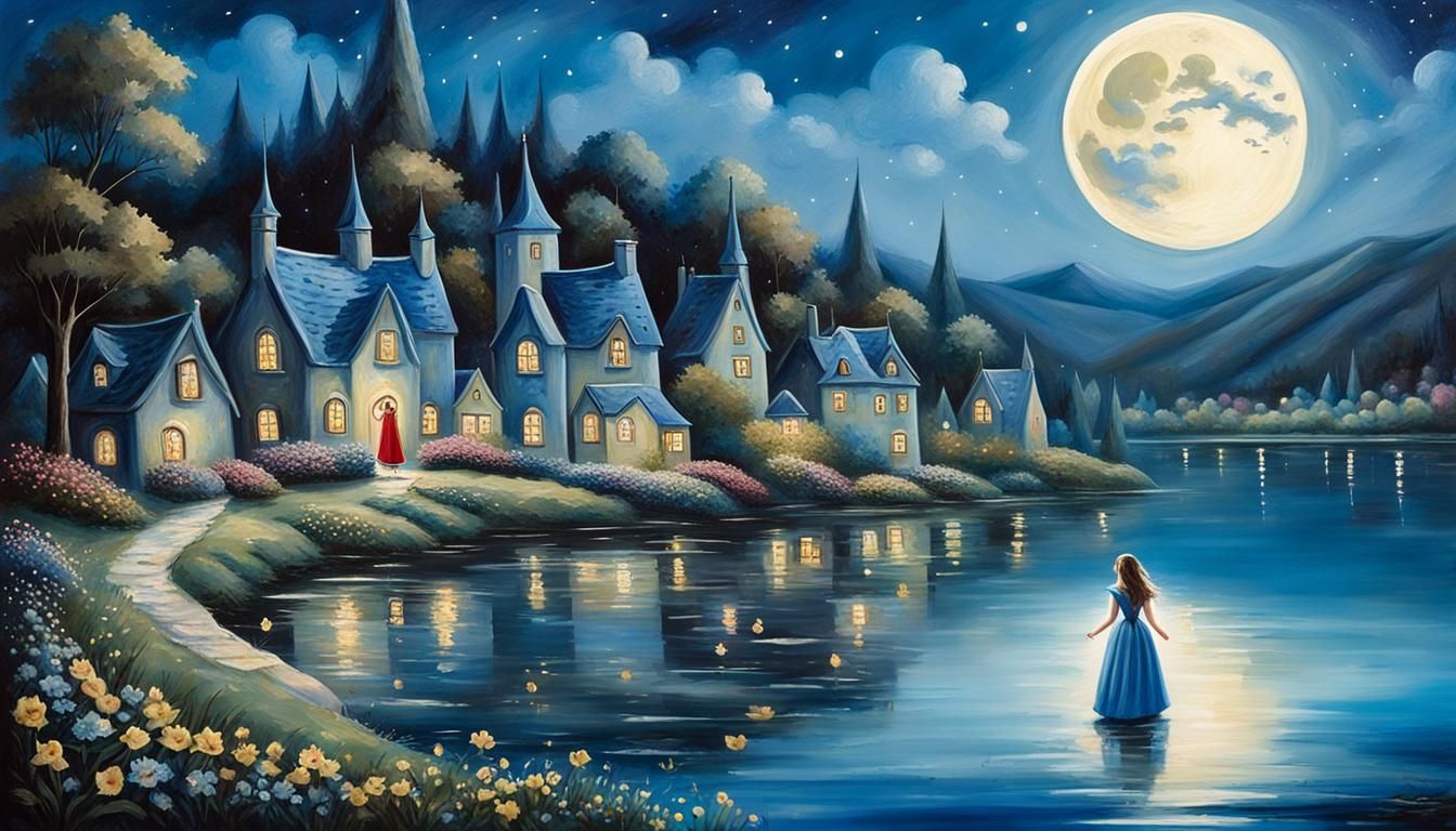 Woman Gazing at Moonlit Fairytale Village Painting