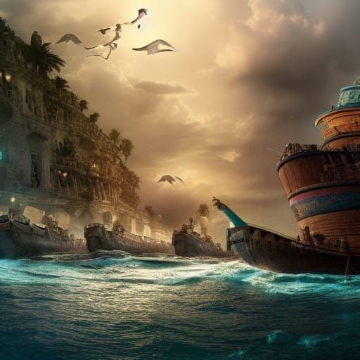 Epic Depiction of Noah's Ark With Rainbow