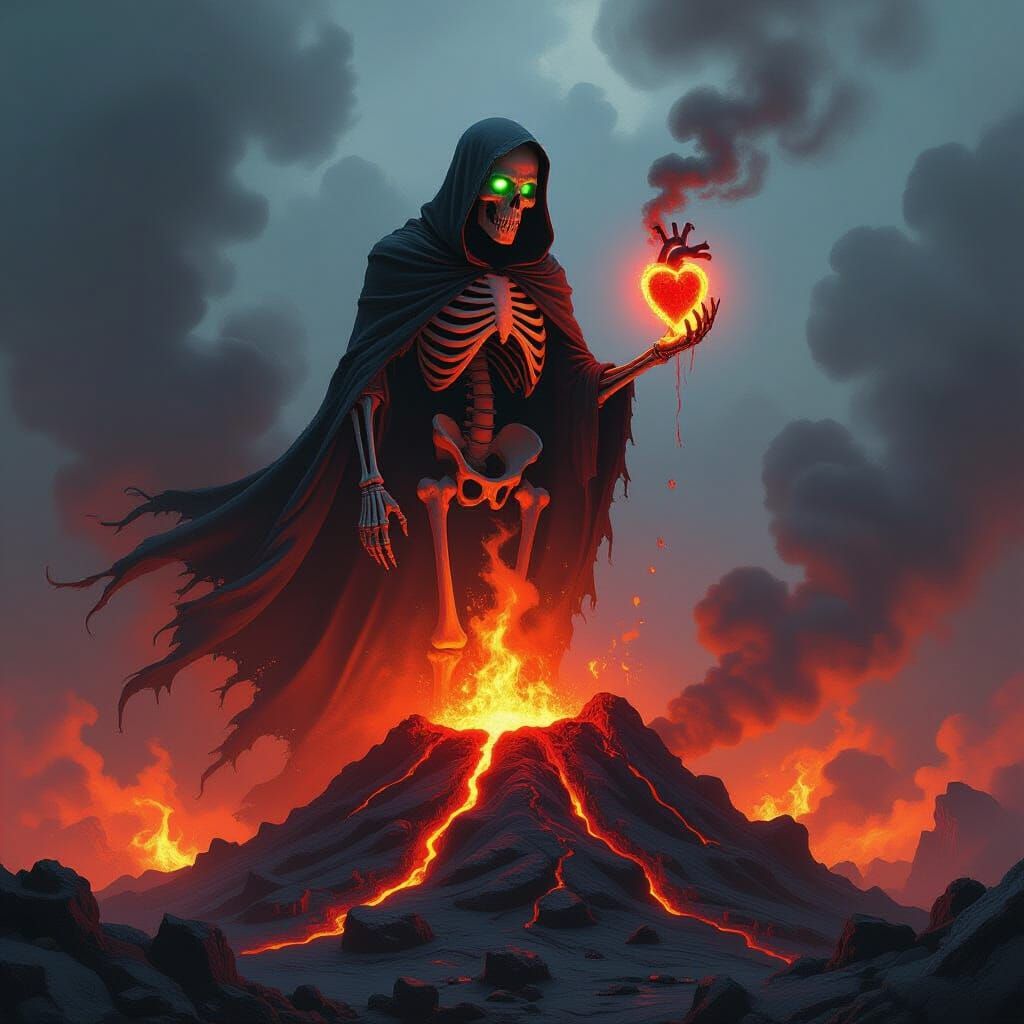 Skeleton with Green Eyes and Heart on Volcano