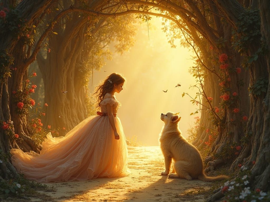 Whimsical Golden Scene in Dreamlike Style