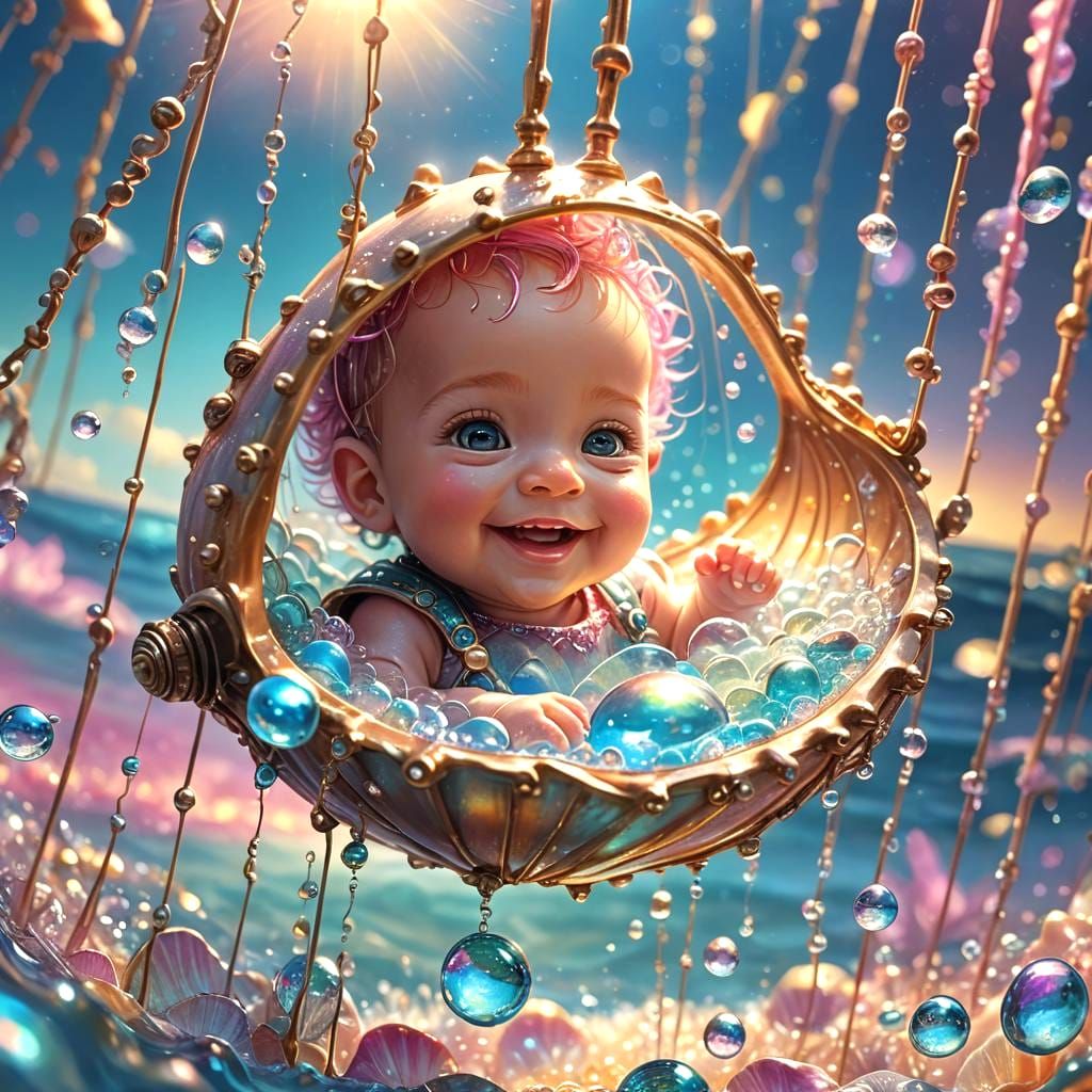 Magical Ocean Birth: Baby in Shell, Digital Art