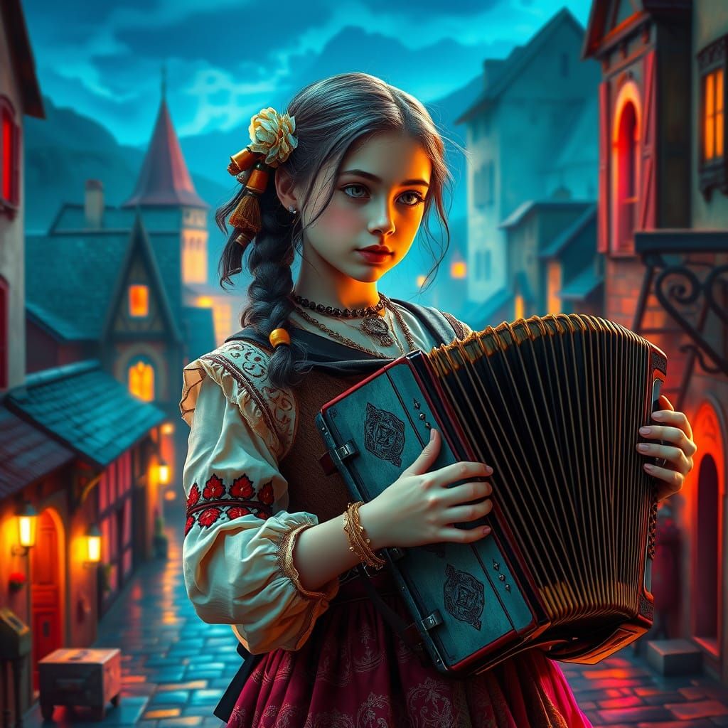 Girl Playing Accordion in Neon Cyberpunk Medieval Village