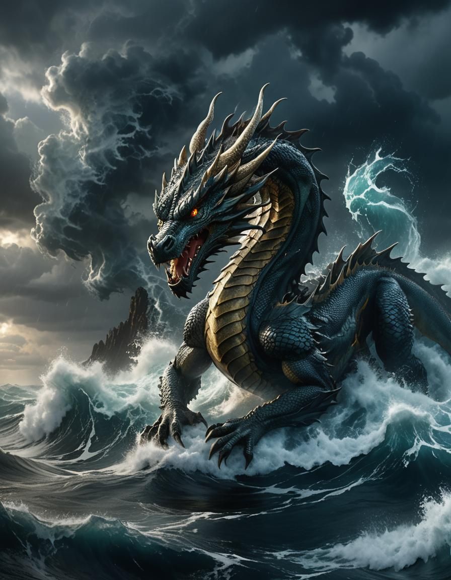 Dragon in Stormy Ocean: Hyperrealistic Cinematic Art