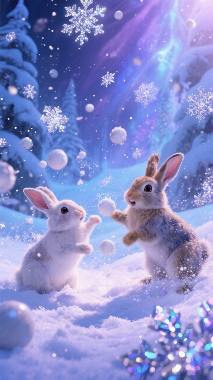 Bunnies Playful Snowball Fight in Magical Winter Wonderland
