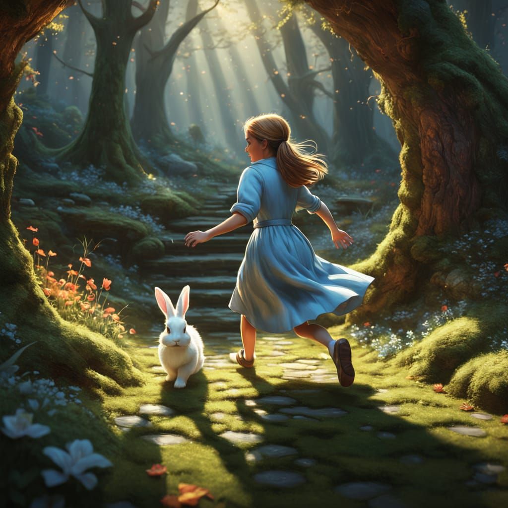 Girl Chasing Rabbit in Whimsical Fantasy Illustration