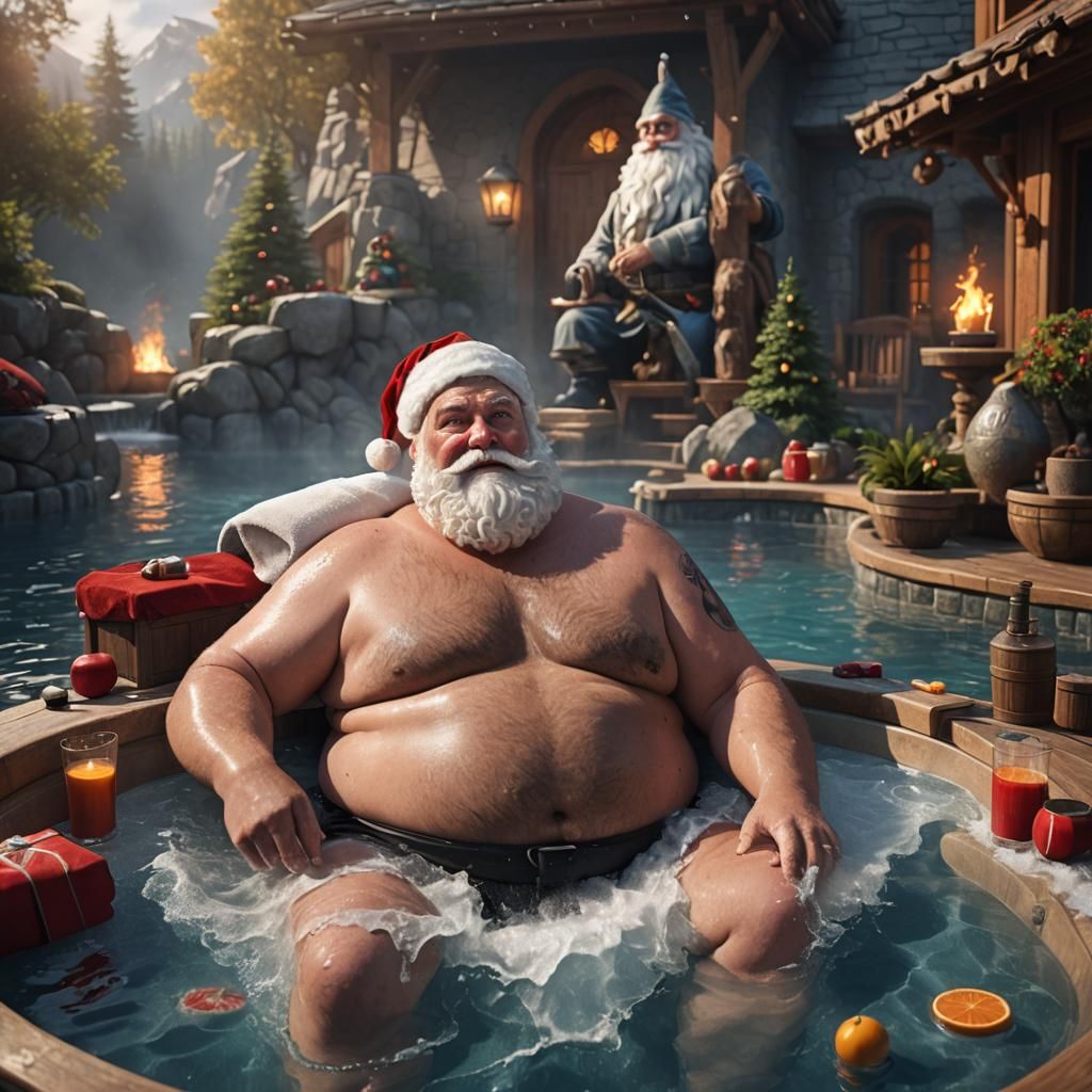 Santa-like Man Relaxes in Hot Tub: Hyperrealistic Image