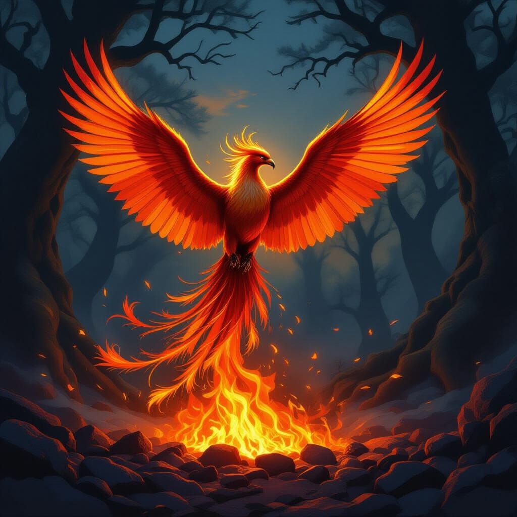 Majestic Phoenix Rises from Glowing Embers in Fantasy Forest