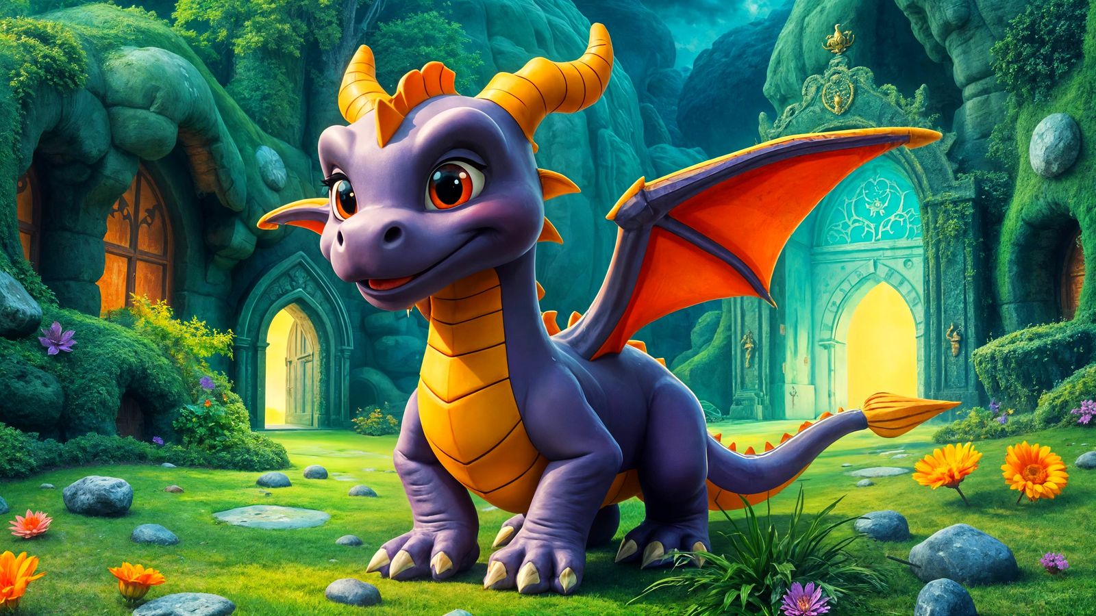Adult Purple Dragon in Fantasy Landscape, 3D Style