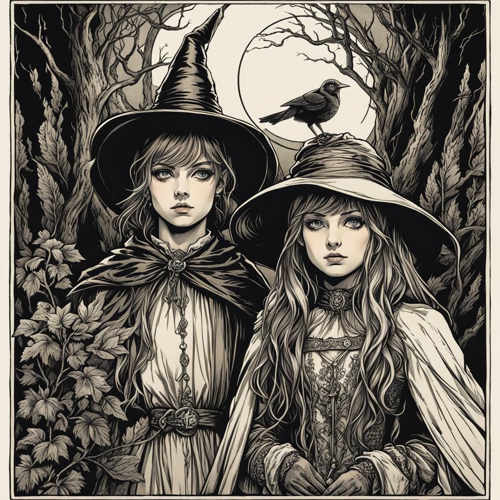 Siblings Hansel and Gretal, a witch with gleaming eyes, mali...