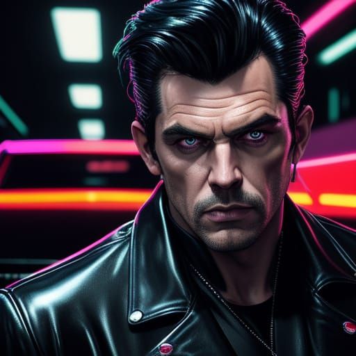 Greaser Leaning on Cadillac in Neon-lit Digital Art
