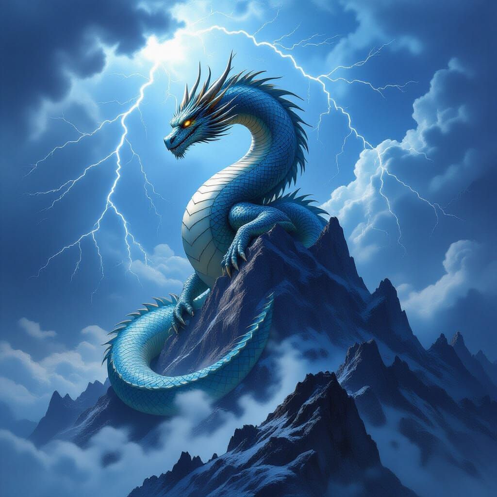 Ancient Dragon on Mountain Peak in Stormy Sky