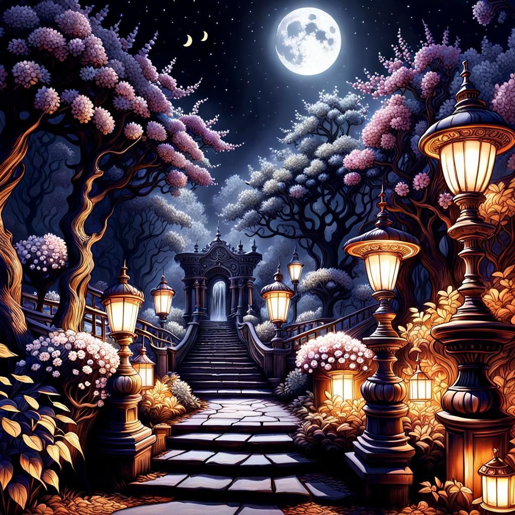 Enchanted Orchard by Moonlight: Dark Fantasy Concept Art