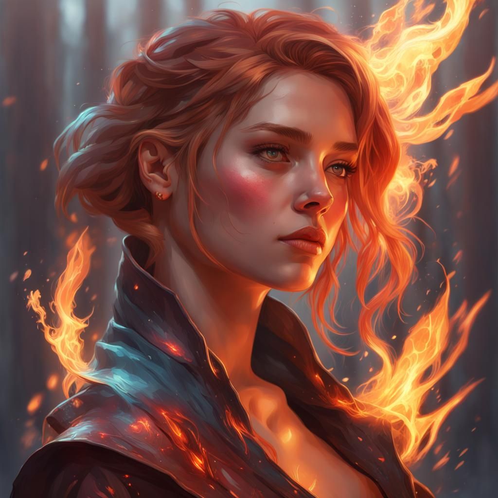Girl with Fire Magic, Hyperdetailed Portrait