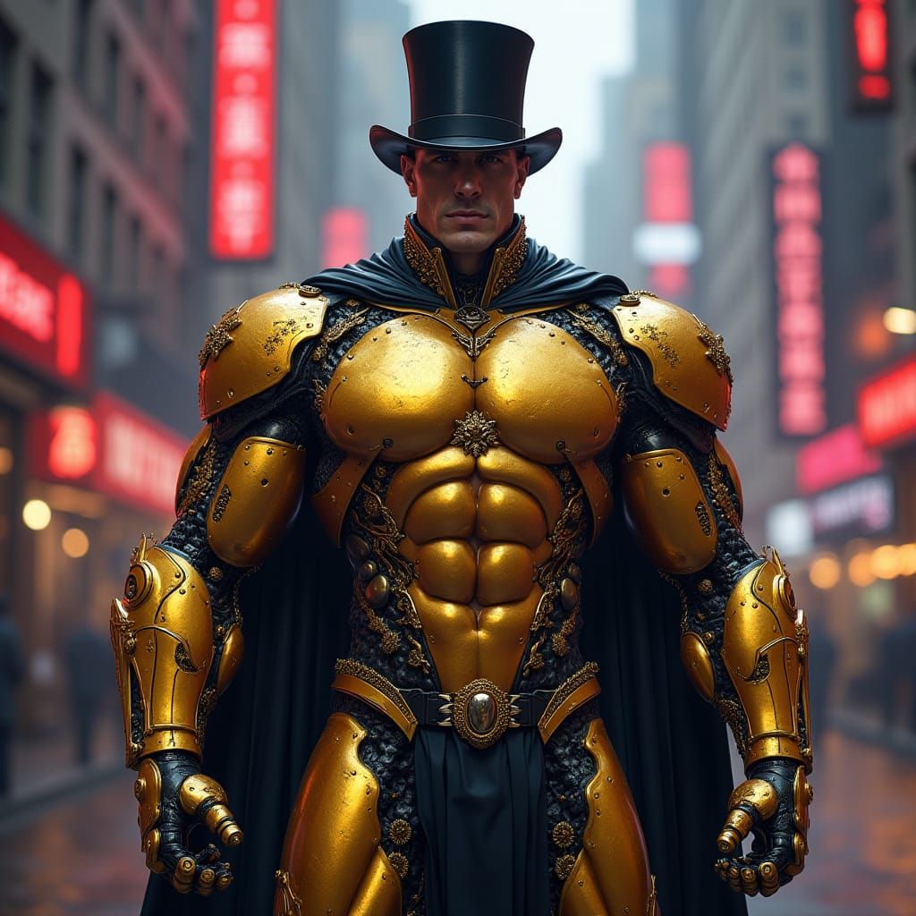 Tactical Cyborg Bodybuilder Barrister in Cyberpunk Cityscape