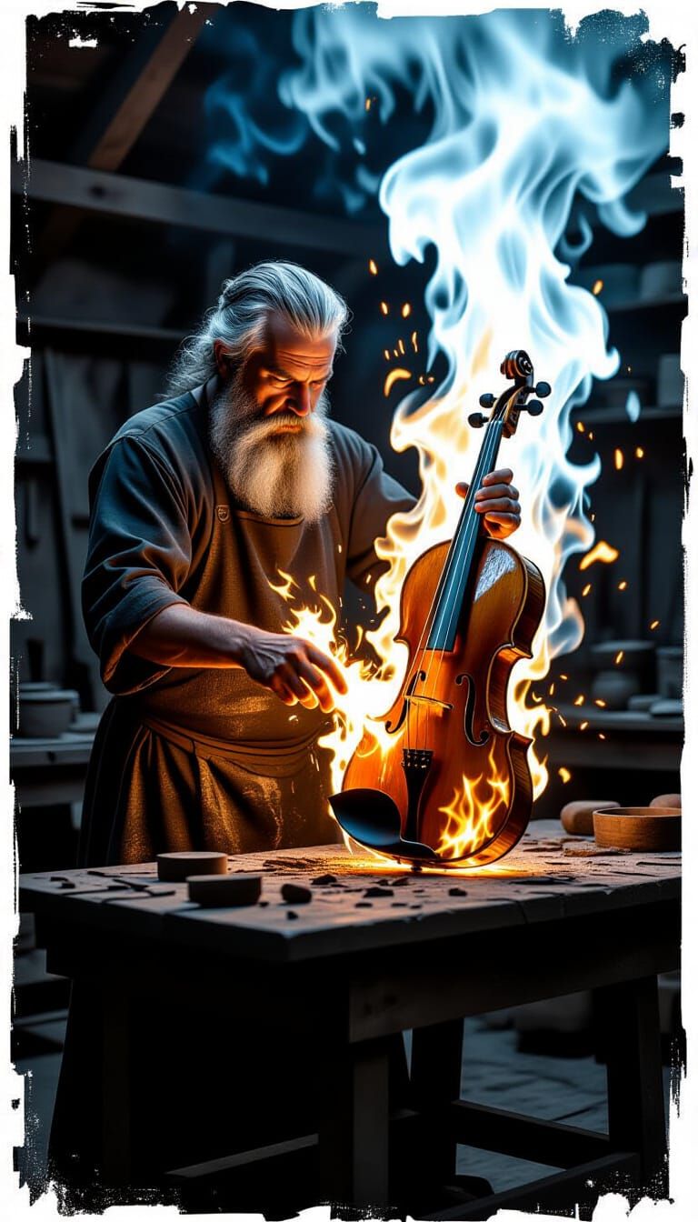 Artisan Forging Violin from Molten Light