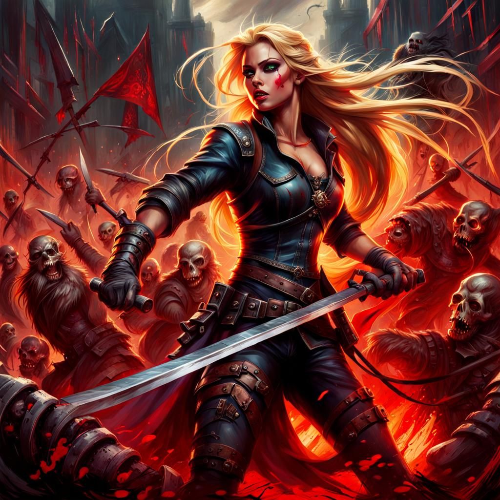 Post-Apocalyptic Rapunzel Slaying Zombies as Impasto Paintin...