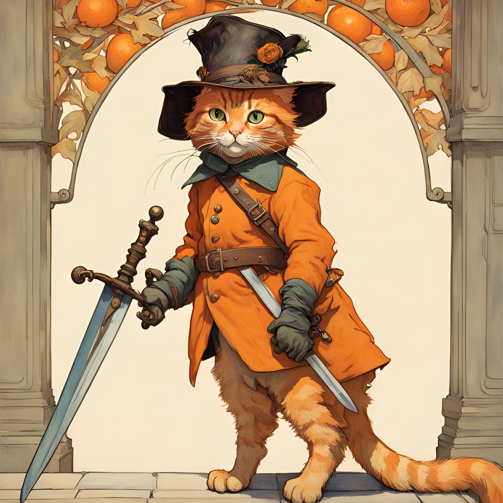 Orange Cat standing upright, wearing boots and a cavalier hat and carrying a sword