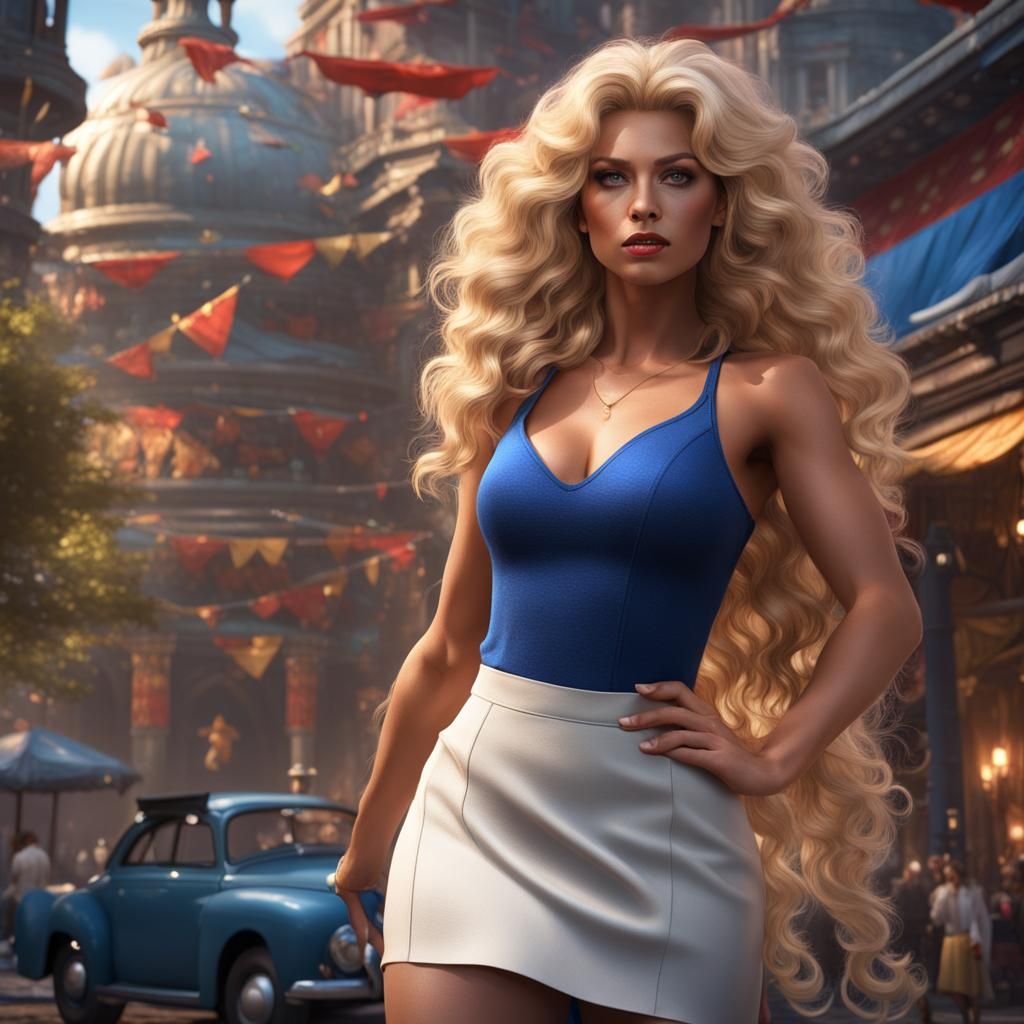 Blonde Woman in Micro Skirt: Detailed Digital Painting