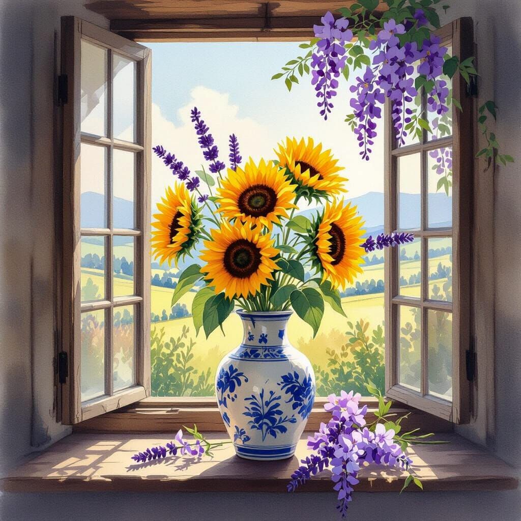 Tuscan Still Life with Sunflowers and Wisteria in Japanese S...