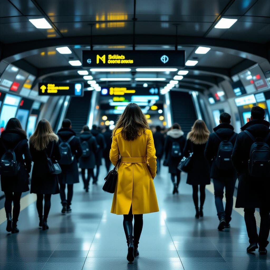 Woman in Yellow Coat Enters Barcelona Metro