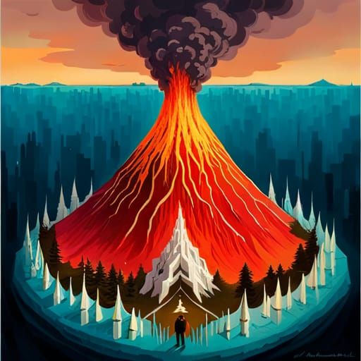 Isometric Volcano Eruption: Hyperdetailed Triadic Artwork