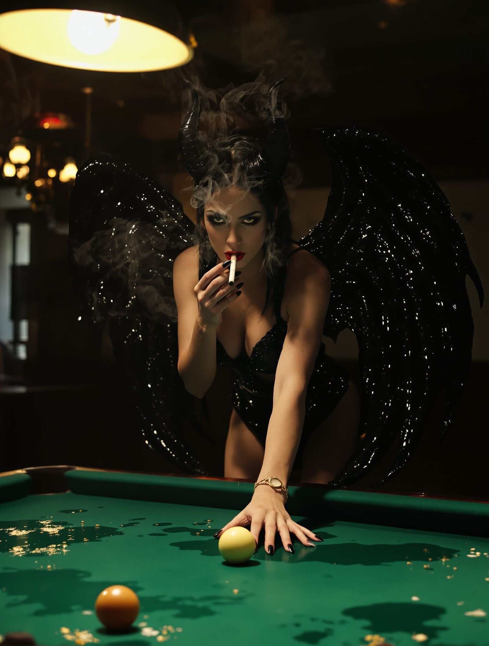 Demonic Femme Fatale Plays Pool with Cinematic Flair
