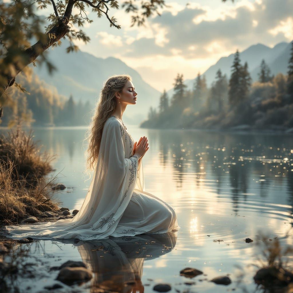 Ethereal Freya Praying by Lake at Sunset