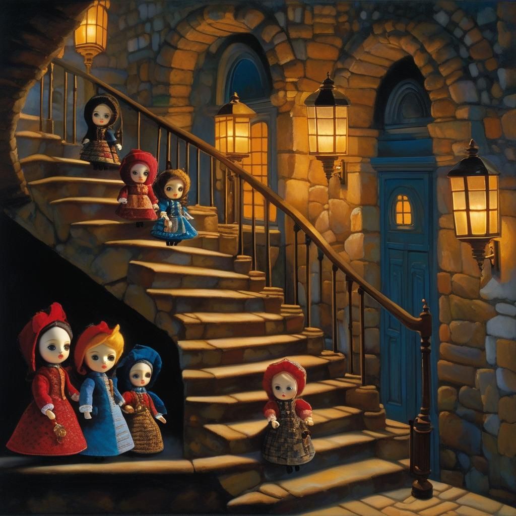 Patchwork Dolls Descending Stairs in Naive Art Style