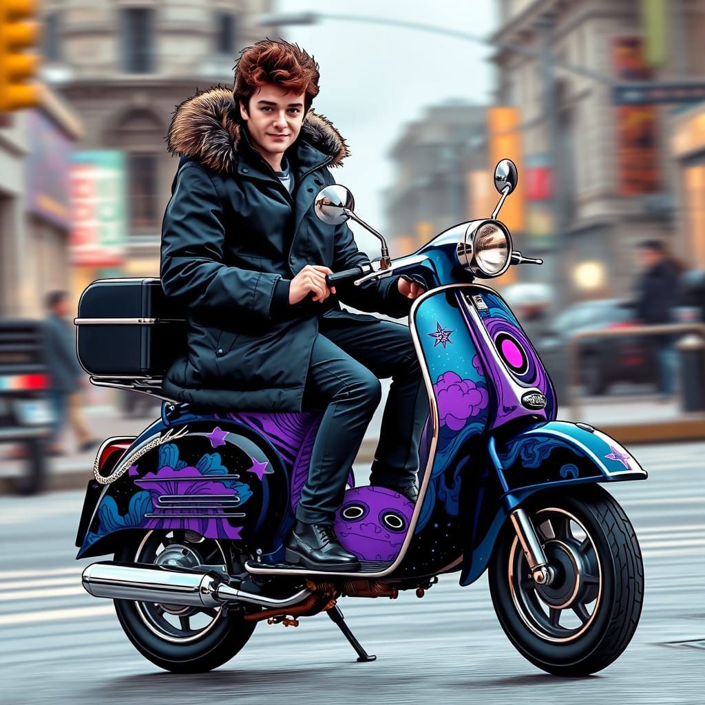Mod wearing a parka on a mod scooter wrapped in "black hole"...