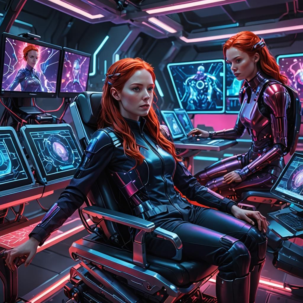 Red-Haired Android in Futuristic Lab: Digital Painting