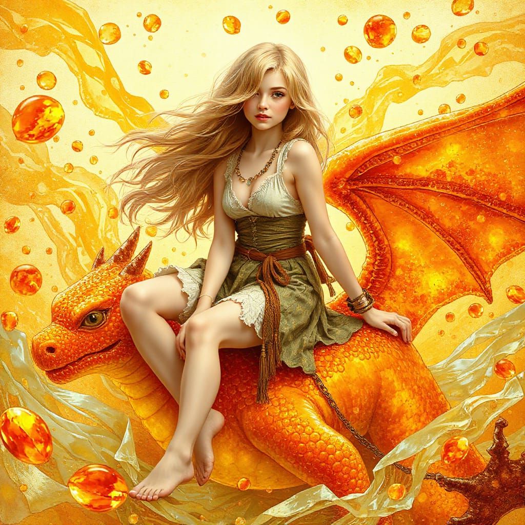 Woman on Gummy Dragon in Effervescent Soda Sea