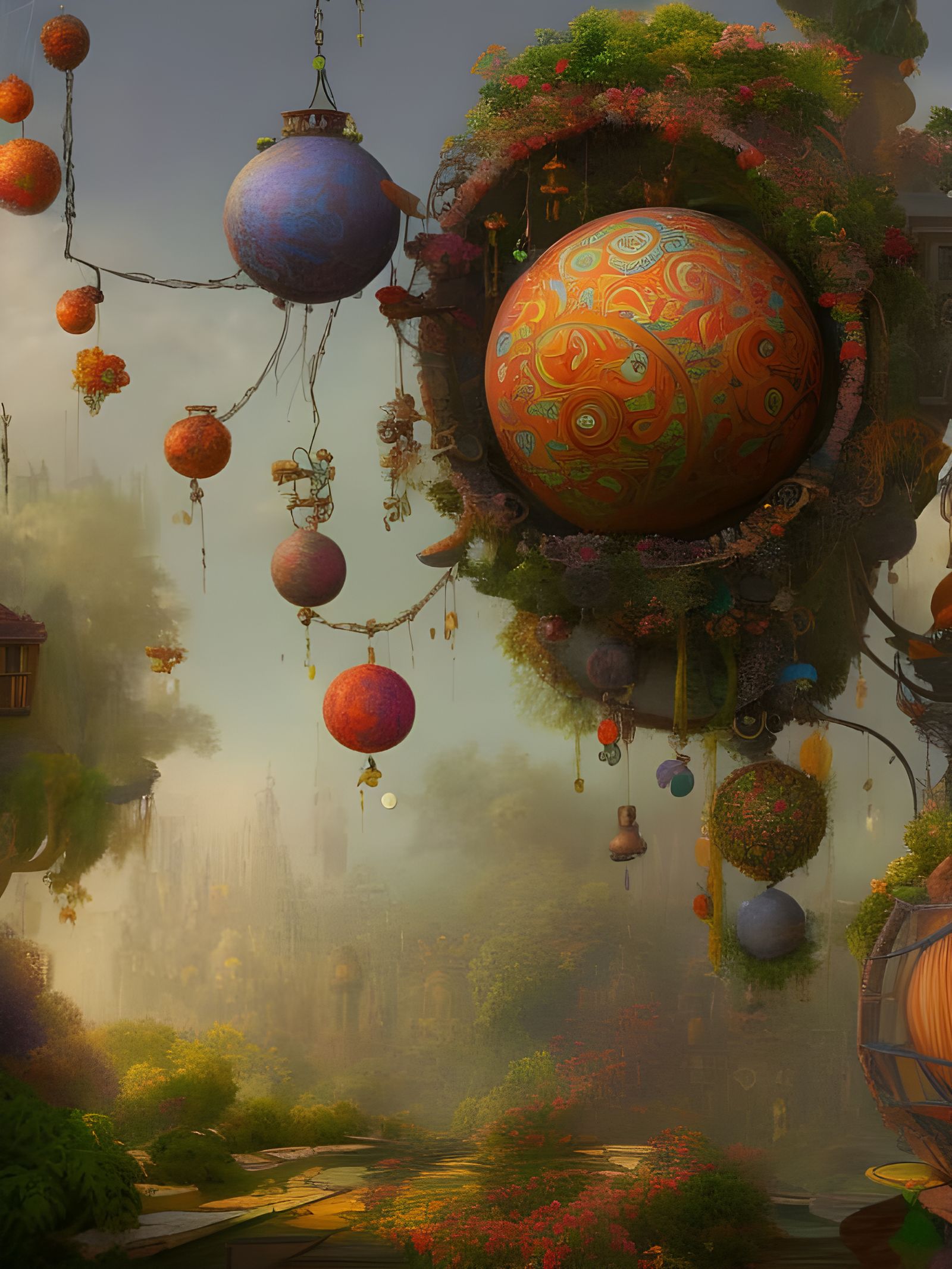 Whimsical Flying Sphere Garden with Bohemian Ornaments