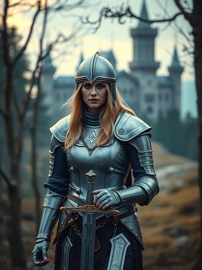 Female Crusader in Mystical Forest, Cinematic Style