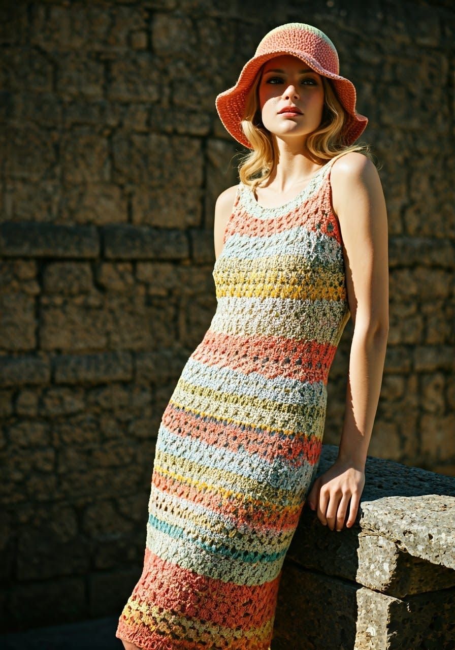 Woman in Knitted Summer Dress and Hats
