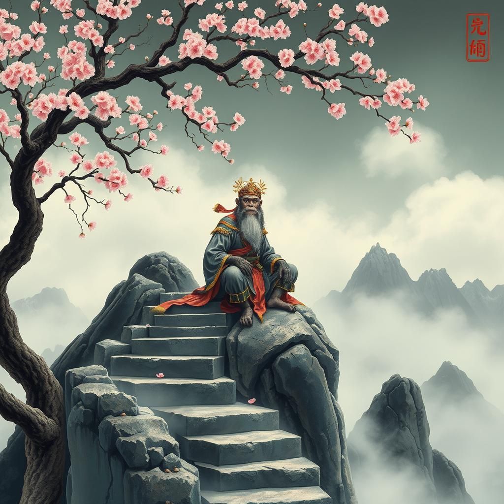 Wukong on Misty Peak in Dreamlike Chinese Art