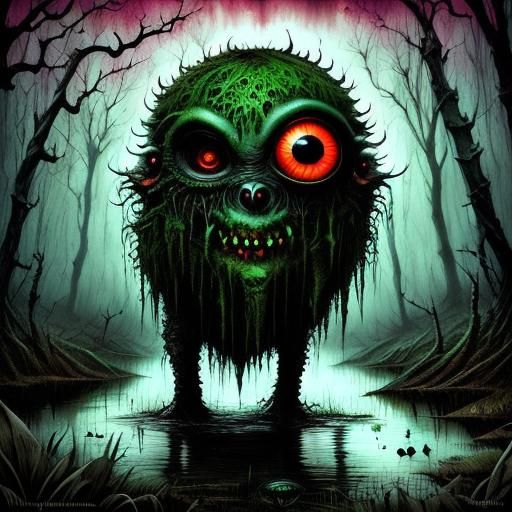Sinister Eyeball Monster Looms in Swamp: Horror Art