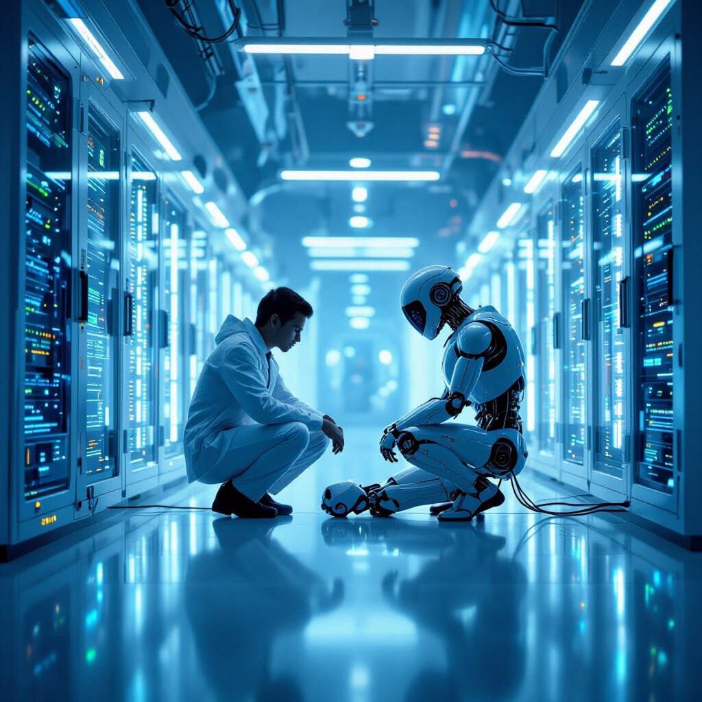 Sci-Fi Lab with Awakening Robot and Reflective Surfaces