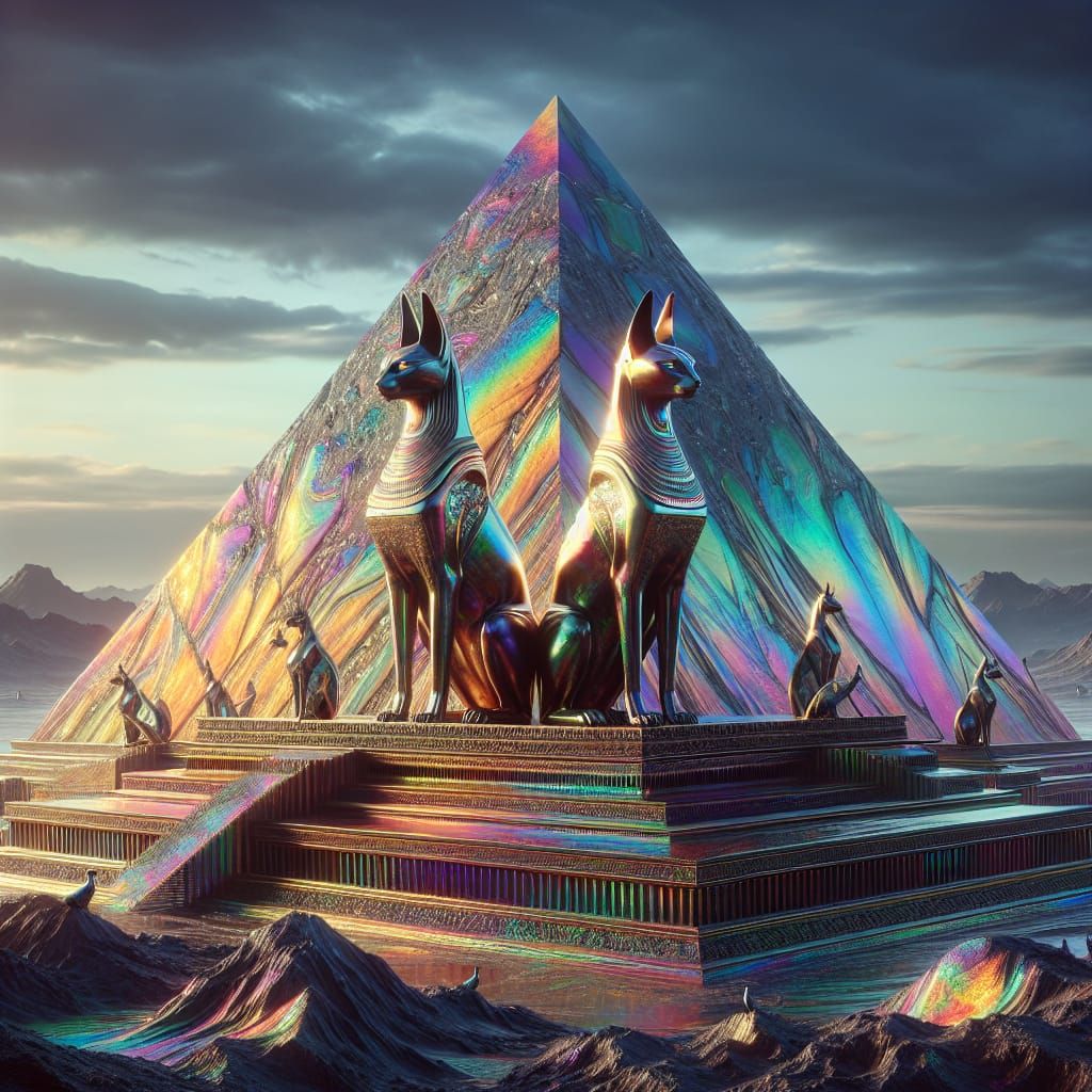 Bismuth Pyramid Guarded by Egyptian Servals