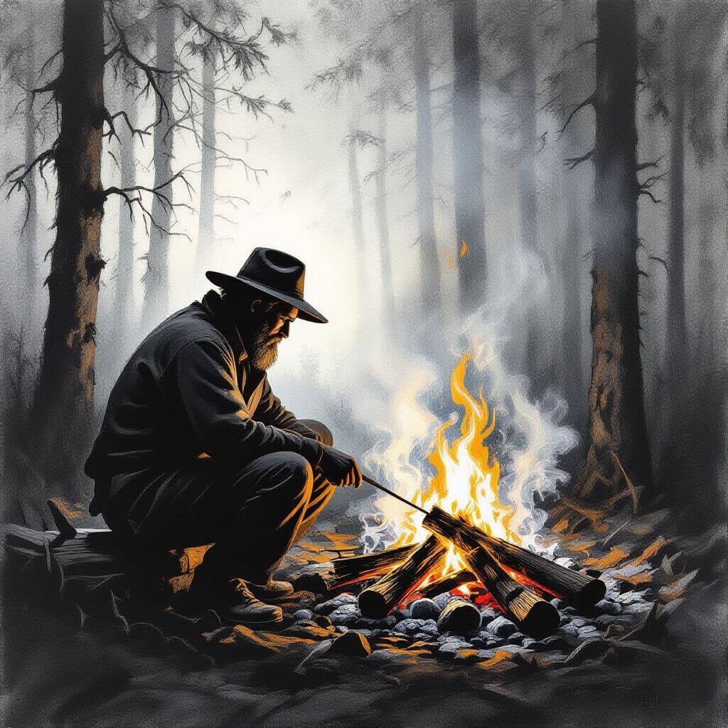 Charcoal Burner Tending Fire in Dense Forest