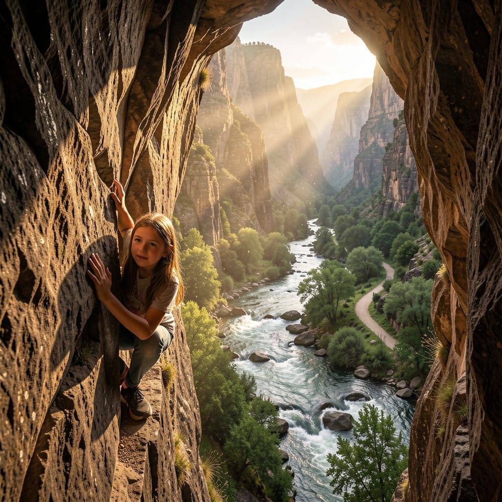 Girl Navigates Narrow Crevice to Breathtaking Canyon