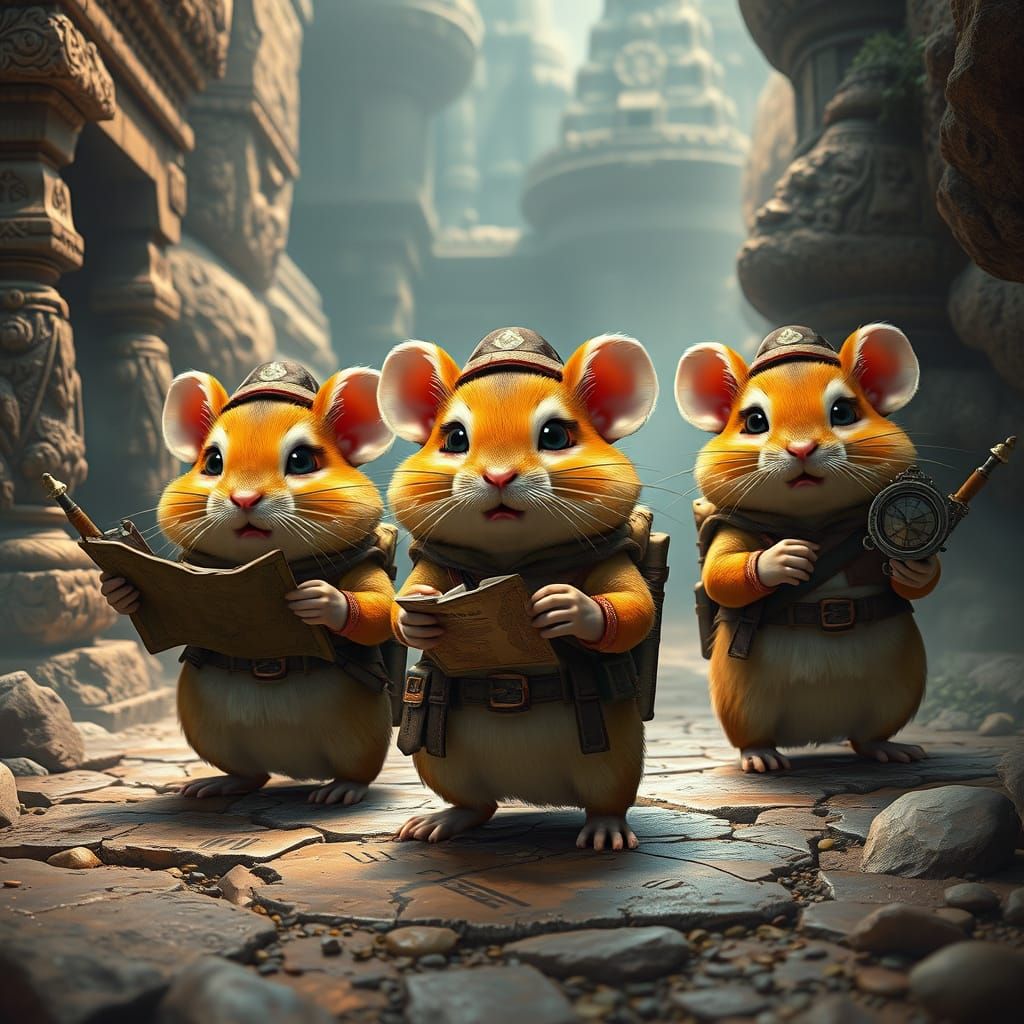 Explorer Gerbils on Temple Adventure in Matte Painting Style