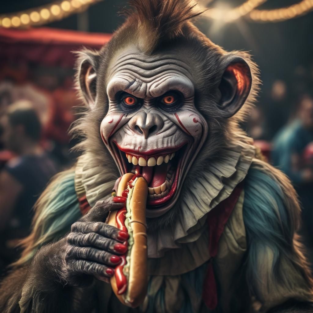 Zombie Monkey Circus Clown Eating a Hot Dog