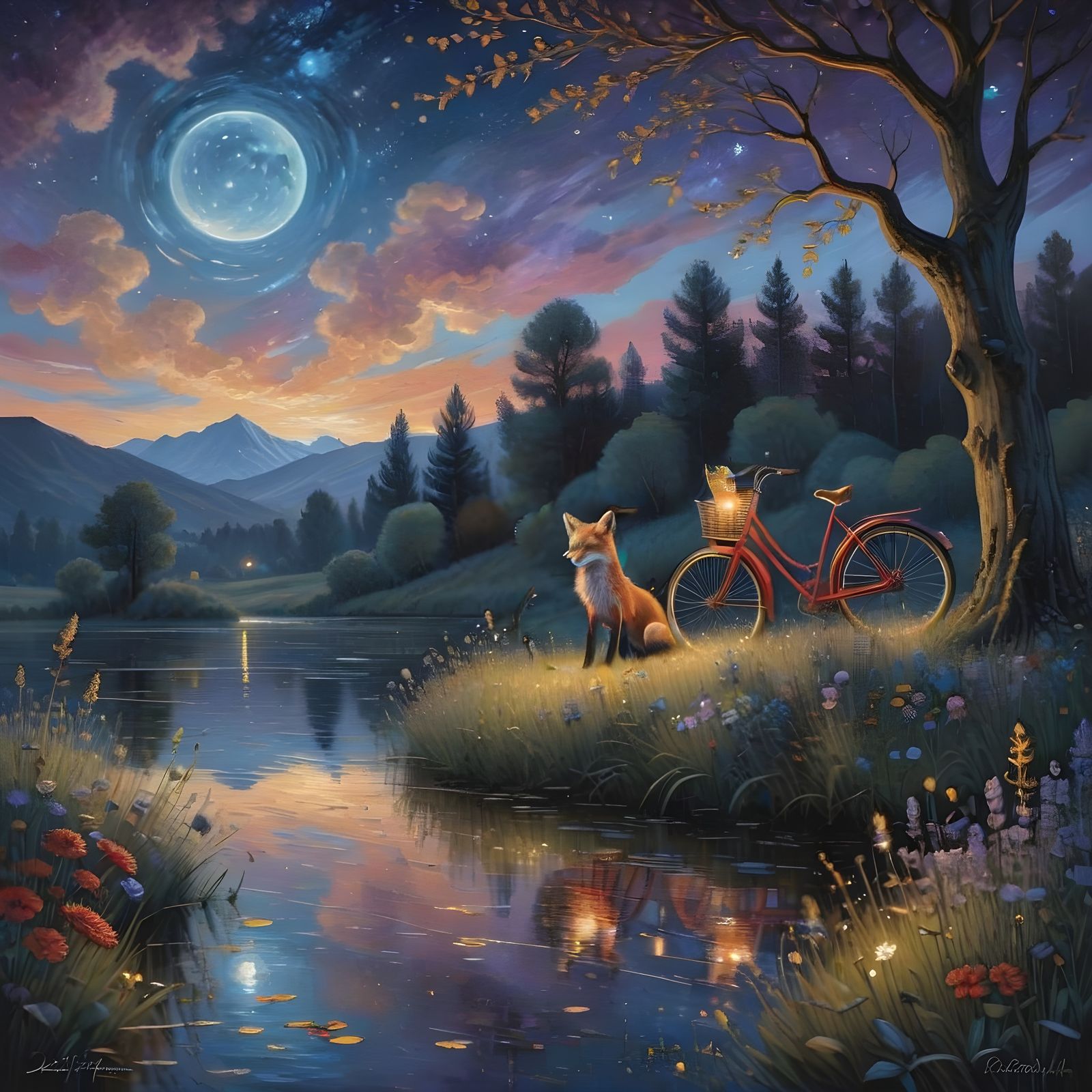 Magical Mountain Night Scene with Red Bike