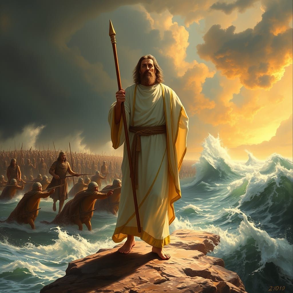 Moses Parting the Red Sea in a Dramatic, Pre-Raphaelite Styl...